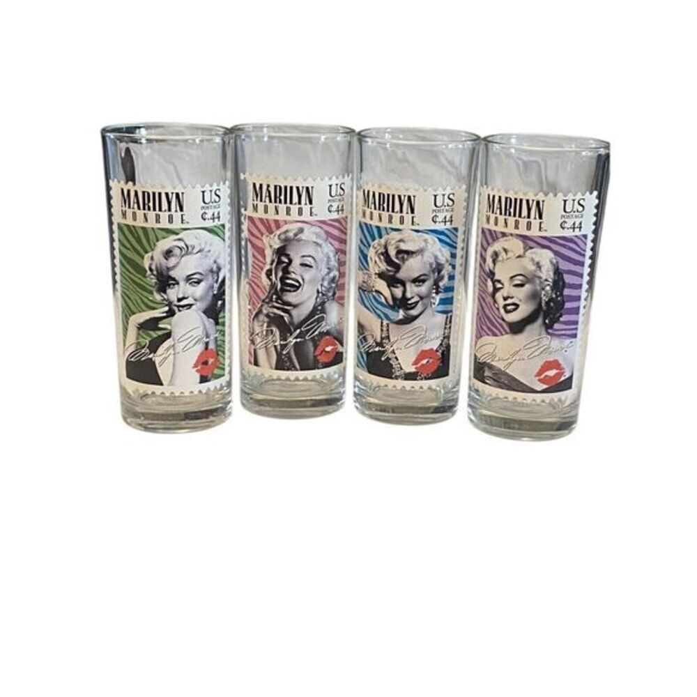 Marilyn Monroe US Postage‎ Stamp Tall Tumbler Highball Glass Vandor Set of 4